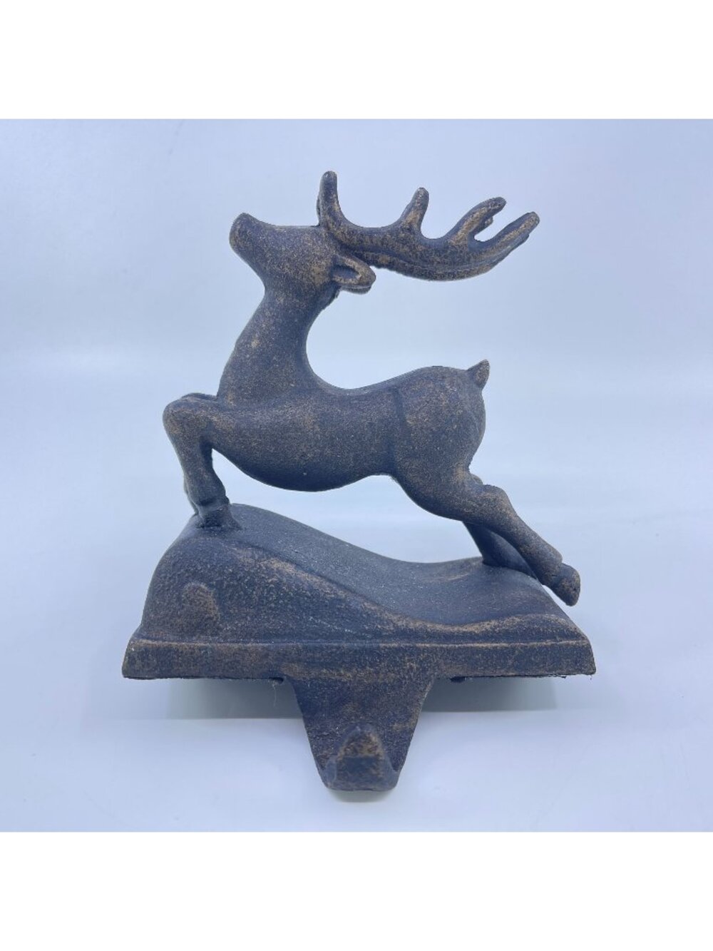 vintage cast iron reindeer stocking holder rustic brown christmas mantel decor